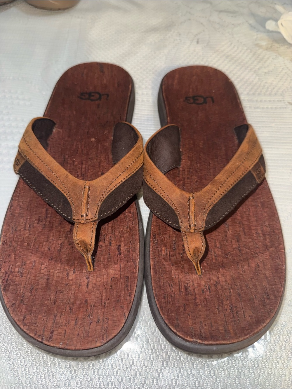 UGG Men’s Tan and Dark Brown Leather Flip-Flop Sandals